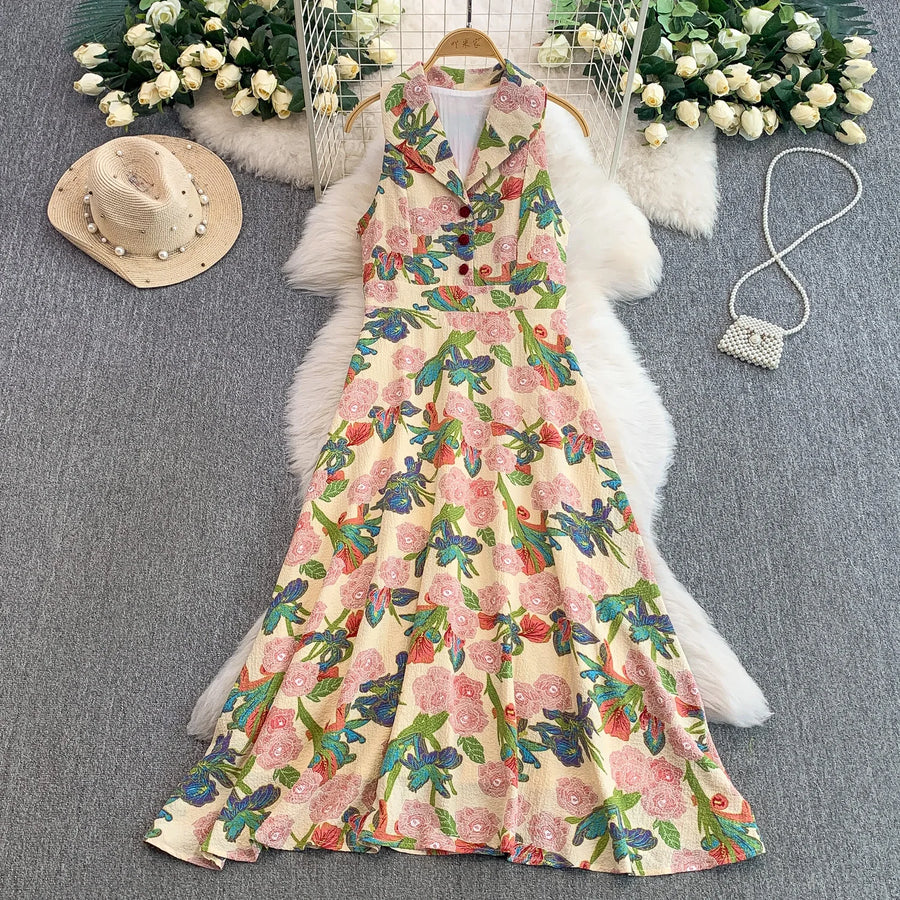 Elegant Vintage Office Long Dress Women Summer V Neck Sleeveless Print Floral Luxury Dress Evening Party Birthday Dresses