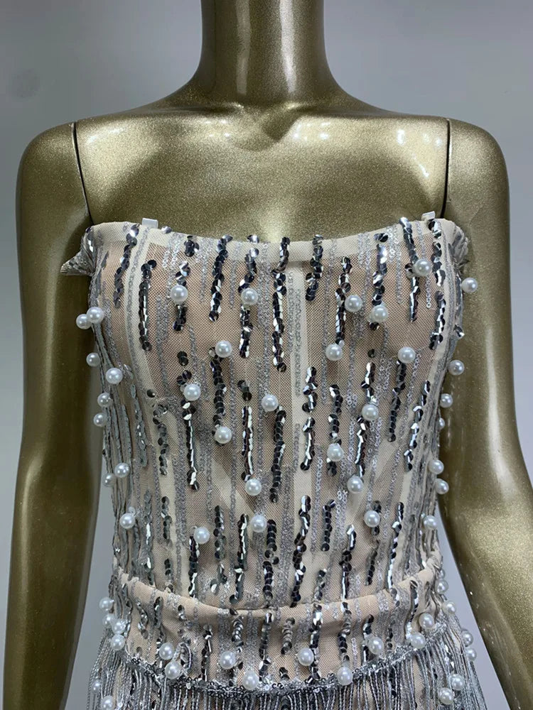 High Quality Sexy Pearls Sequins Backless Strapless Bodycon Mini Dress