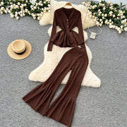Fashion Luxury Women Sweater Suits Ruffles Slim Knitted Blouse + Elastic Long Flare Pant Two Piece Sets High Quality