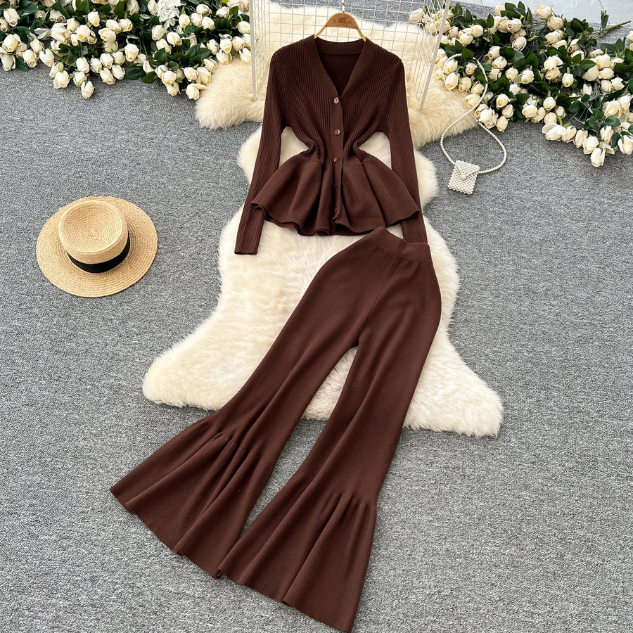 Fashion Luxury Women Sweater Suits Ruffles Slim Knitted Blouse + Elastic Long Flare Pant Two Piece Sets High Quality