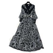 Women Long Dress Dresses Ruffles Vestidos V Neck Lantern Sleeve Elegant Splice Y2k Streetwear Hollow Out Tight Waist Work Party