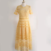 High Quality Short Sleeve Yellow Elegant Lace Dress