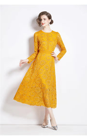 High Quality Pink and Yellow Lace Long Sleeve A-line Elegant Dress