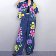 High quality elastic high waist short sleeve print vintage suit set