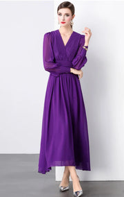 High quality V-neckline puff sleeve high waist draped chiffon long dress