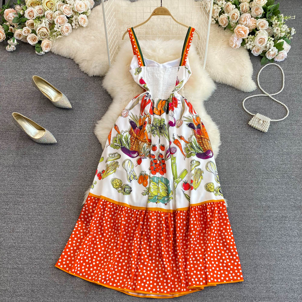 High Quality Vegetable Dot Print Midi V Neck Tank Dress