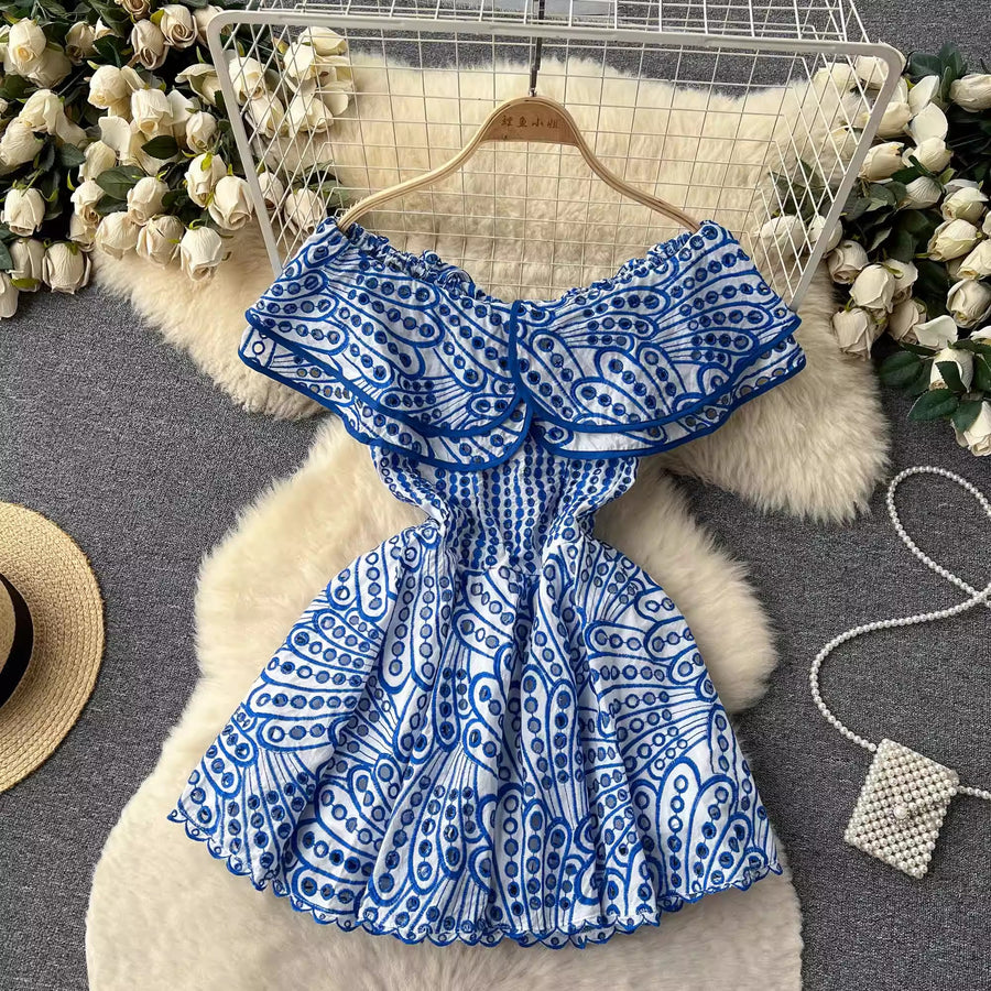 High Quality Double Layers Ruffles Embroidery Off Shoulder Elastic Wai – ETERNA High Quality Double Layers Ruffles Embroidery Off Shoulder Elastic Wai – ETERNA