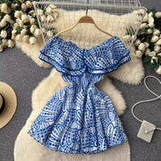 High Quality Double Layers Ruffles Embroidery Off Shoulder Elastic Waist Short Dress