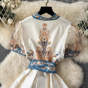 High Quality Flower Print Cross V Neck Puff Short Sleeve Long Dresses