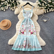 Mint Green Floral Print Sleeveless A-Line Dress Women Summer High Waist Simple Pure Desire Style Commute Suitable City Outfit
