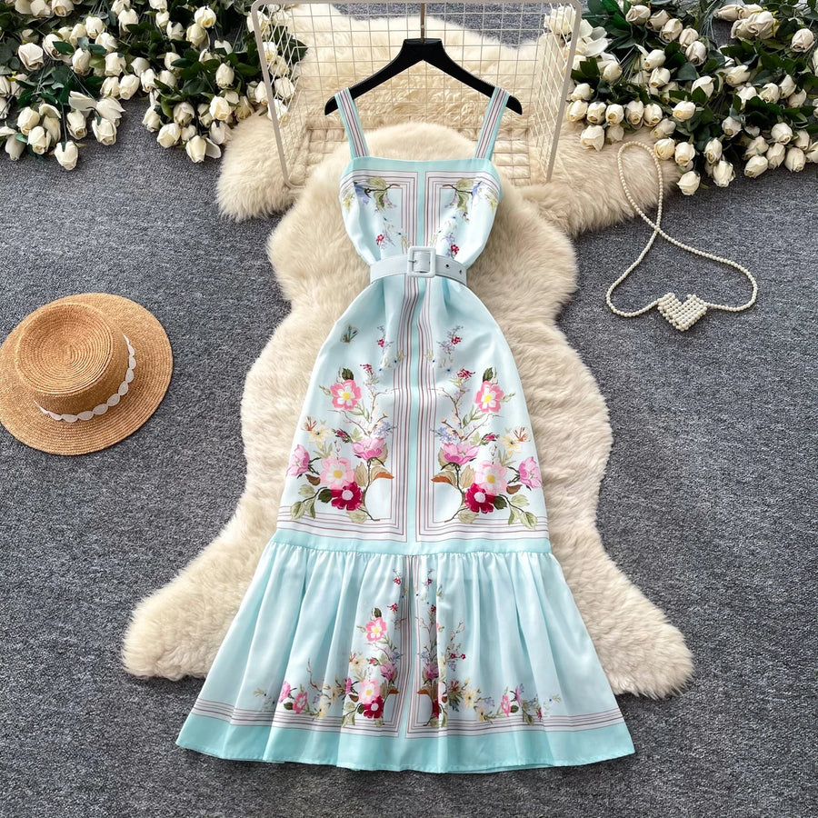 Mint Green Floral Print Sleeveless A-Line Dress Women Summer High Waist Simple Pure Desire Style Commute Suitable City Outfit