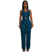 Women's Leopard Two Piece Set Halter Neck Tank Top and Wide Leg Pants