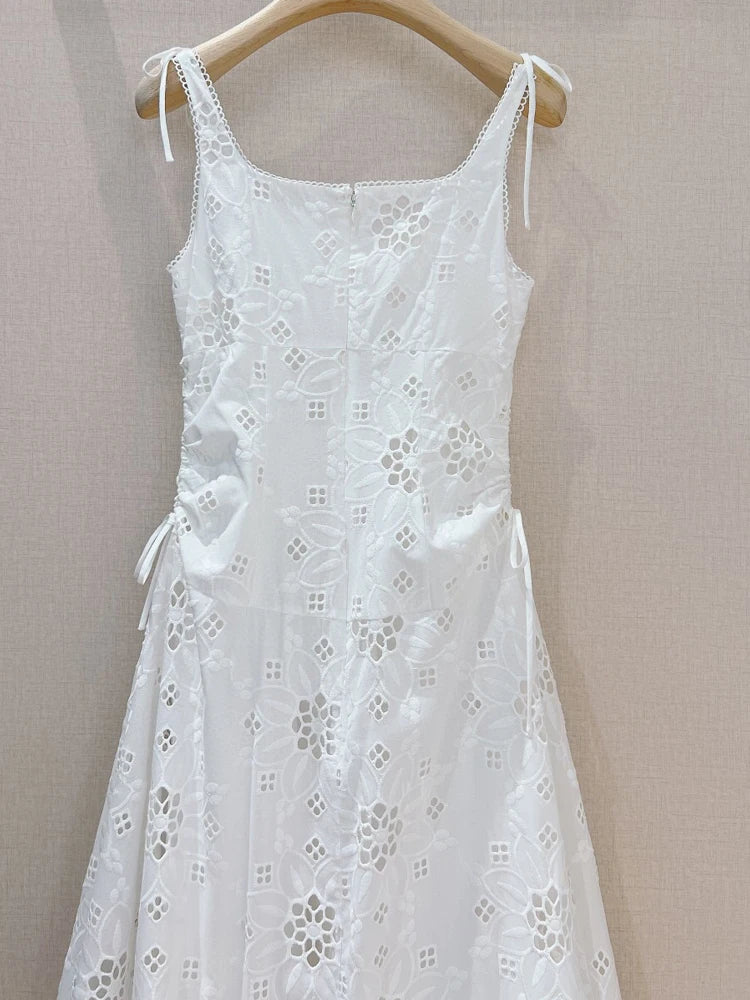 Elegant spaghetti strap openwork lace dress with high quality white lace