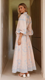 Women Shirt Collar Vintage Floral Print Puff Sleeve Single Breasted Spring Summer Long A Line Cotton Linen Dress