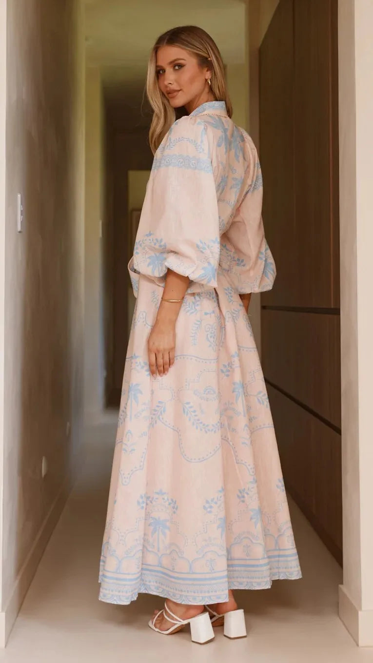 Women Shirt Collar Vintage Floral Print Puff Sleeve Single Breasted Spring Summer Long A Line Cotton Linen Dress