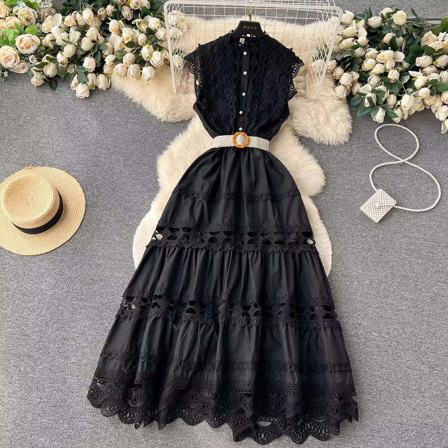 High Quality Sleeveless Stand Collar Hollow Out Belt Water Soluble Embroidery Embroidery Long Elegant Dress