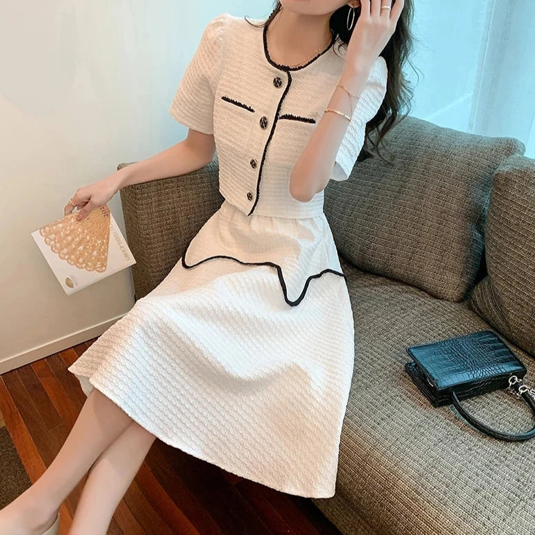 Two Piece Sets Puff Sleeve Tops+ High Waist Skirt High Quality