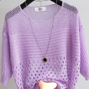 Trendy multicolor round neck hollow striped knitted fine sweater