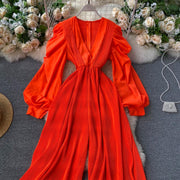 High Quality Lantern Sleeve Stretch Chiffon Wide Leg Deep V Neck Sexy Pleated Long Jumpsuit