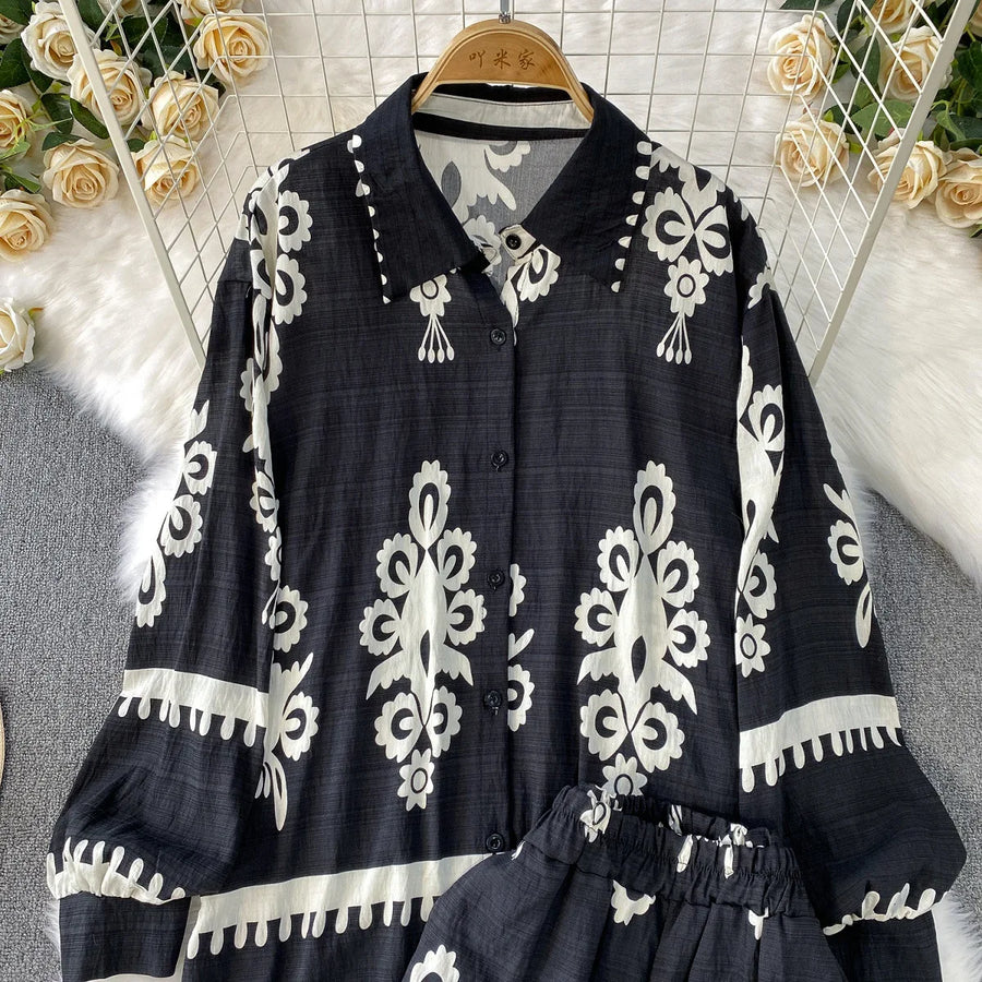 Women Two Piece Skirt Sets Shirt Muslim Suits Shirt Tops Full Sleeve Solid Wide Leg Pant Long Elegant Elastic Waist Summer 2025