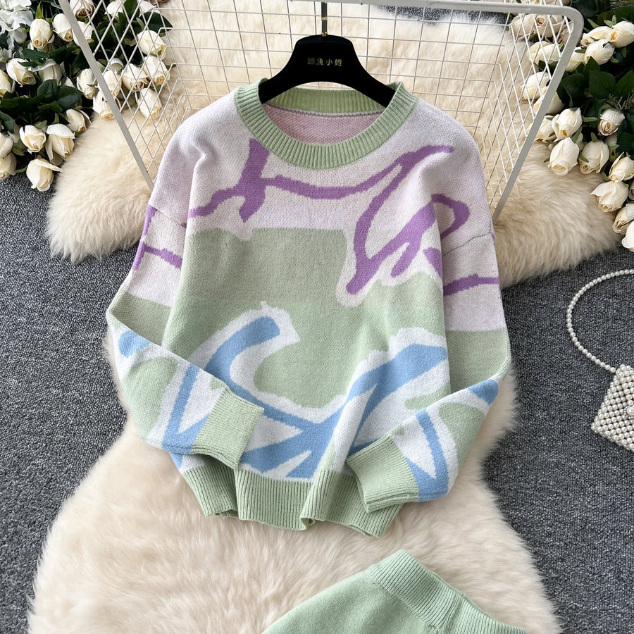 Casual Knitted Sets Ladies O Neck Loose Multicolor Tops+Basic Long Pants American Style High Quality Sweater Suits