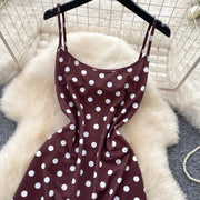 French Fashion Coffee Color Polka Dot Camisole Pure Desire Style Dress Women Summer Sweet High Waist Slim A Line Dress Woman