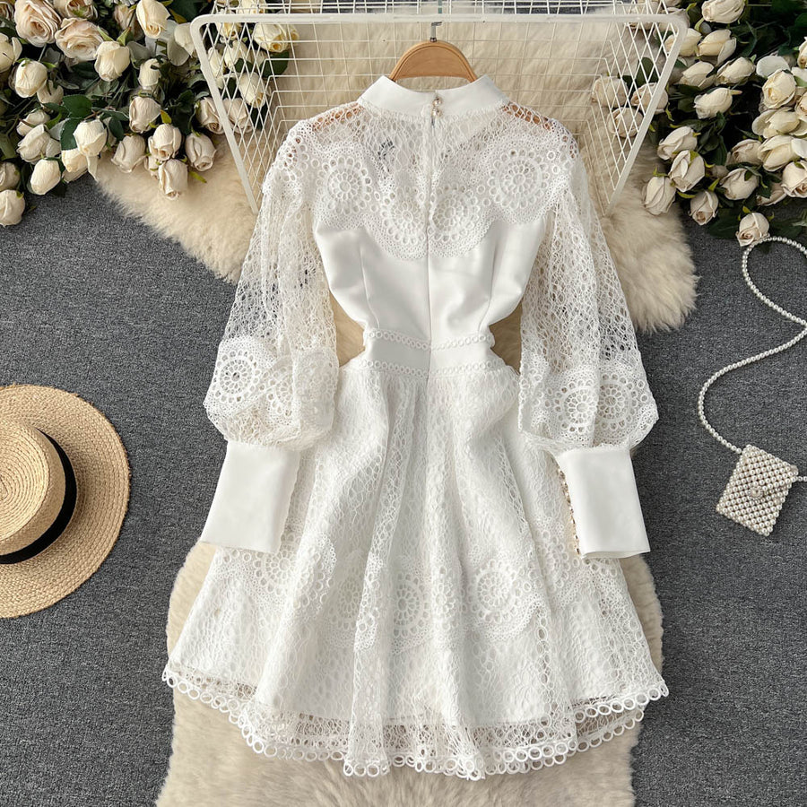 Vintage Flowers Embroidered Hollow Out Lace Dress High Neck Long Lantern Sleeve High Quality Pearl Buttons White / M Vintage Flowers Embroidered Hollow Out Lace Dress High Neck Long Lantern Sleeve High Quality Pearl Buttons White / M