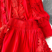 Women Lace Patchwork Pants Set Single Breasted Long Sleeved Shirt Elastic Waisted Trousers Suit Summer Female 2 pieces Sets
