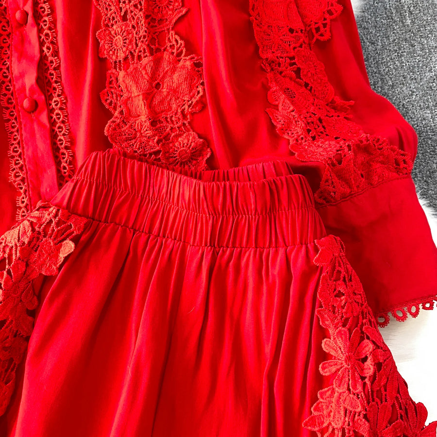 Women Lace Patchwork Pants Set Single Breasted Long Sleeved Shirt Elastic Waisted Trousers Suit Summer Female 2 pieces Sets