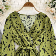 Retro Sweet V Neck Slim Lace -up Print Autumn Summer Elegant Elastic Dress A-line Long Sleeve Vacation Women Mermaid Dresses