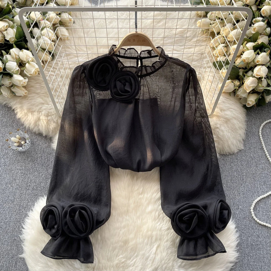 High Quality Loose Fit Fitted Lantern Sleeve Ruffled Chiffon Blouse