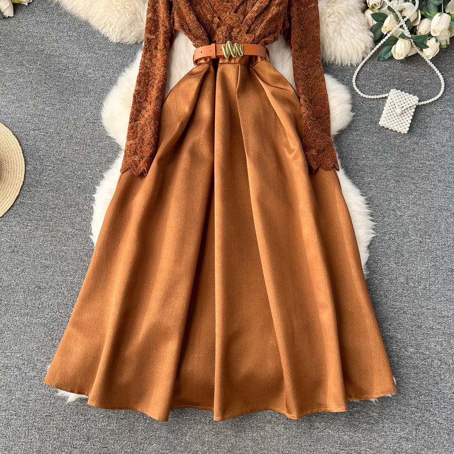 High Quality Vintage Elegant Fleece Lace Stitching Satin Belted V Neck Long Dress