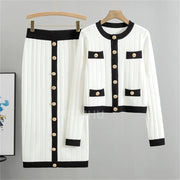 Round Neck Slim Short Sweater Skirts Set+Vintage Knitted Skirts