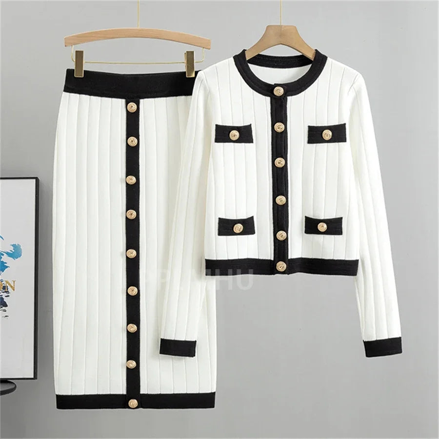 Round Neck Slim Short Sweater Skirts Set+Vintage Knitted Skirts
