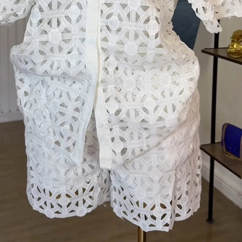 Hollow Out Women's Set Short Sleeve Shirt and Shorts Suit  Summer OL Fashion Two 2 Piece Sets Outfit Tracksuit