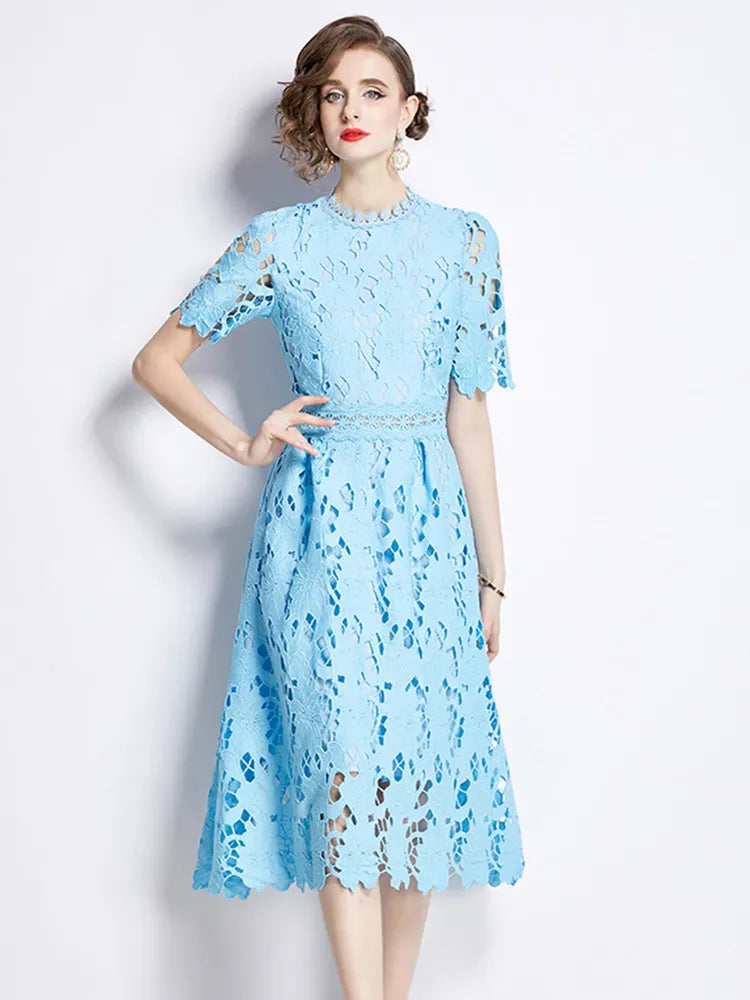 High-end embroidered lace round neck short-sleeved openwork dress