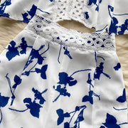 Hollow Out Embroidery 2 Pieces Set Women Stand Lantern Sleeve Pearls Buttons Linen Shirt Top + High Waist Pocket Shorts Suits