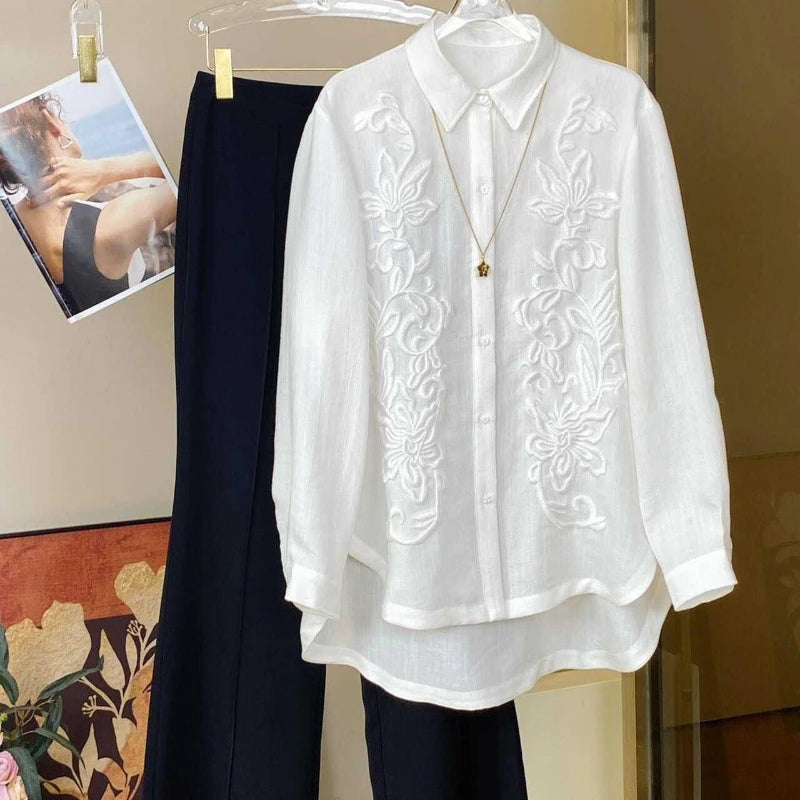 New Style Shirt Women's French Style Niche Design Embroidered Jacquard Retro Versatile White Long Sleeved Shirt