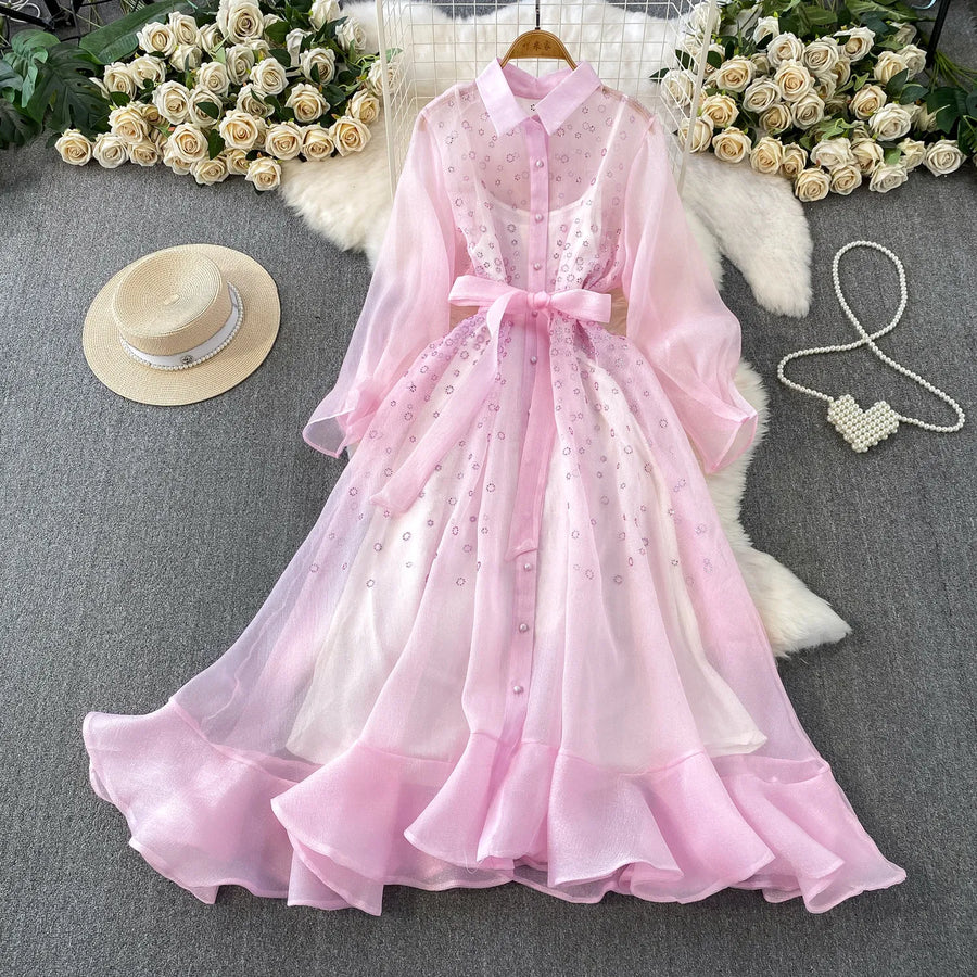 Fashion Temperament Bandage Slim Waist Dress Fairy Gauze Ruffled Long Robe Turn-down Collar Single Breasted Diamonds Vestidos