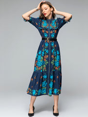 Floral three-quarter sleeve midi dress with high quality belt