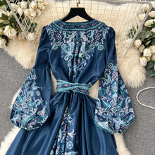 High quality vintage floral prints V-neck elegant long dress