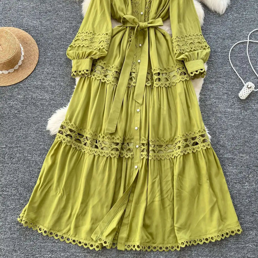 Elegant retro style slit maxi dress with pearl buttons and high-quality crochet embroidery