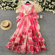 Long Dress Women Dresses Print Floral Turn Down Collar A Line Vestidos Lantern Sleeve Elegant High Waist Y2k 2025 Streetwear