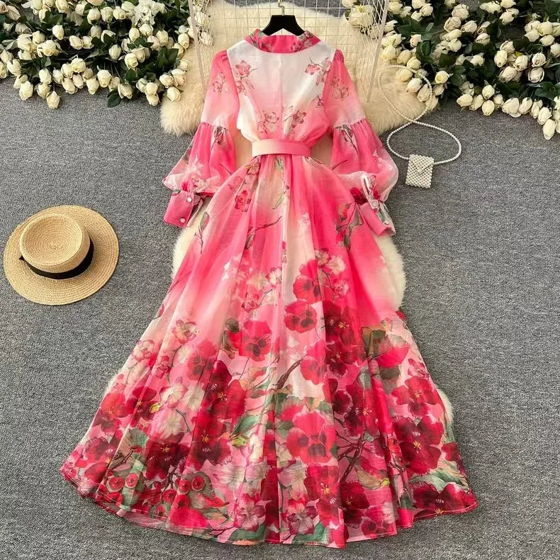 Long Dress Women Dresses Print Floral Turn Down Collar A Line Vestidos Lantern Sleeve Elegant High Waist Y2k 2025 Streetwear