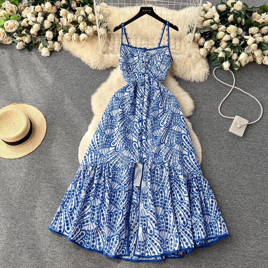 Quality Spaghetti Straps Ruffles Backless Sexy Hollow Out Embroidery Dress Blue / S Quality Spaghetti Straps Ruffles Backless Sexy Hollow Out Embroidery Dress Blue / S