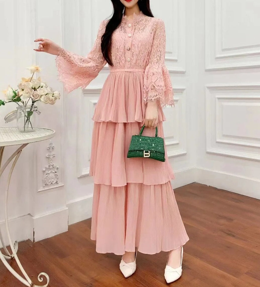 High Quality Lace Patchwork Sweet Pleated Long Sleeves Maxi Dress Pink / One Size High Quality Lace Patchwork Sweet Pleated Long Sleeves Maxi Dress Pink / One Size