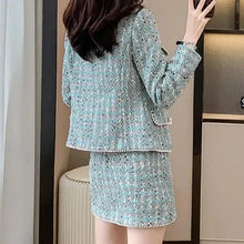 Autumn Winter High Quality New Blue Tweed Two-Piece Set Women Beaded Short Jacket + Mini Skirt Elegant Temperament Chic Suits