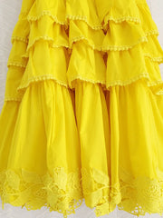 High Quality Yellow White Black Cascading Ruffles Flare Sleeve Long Party Dress