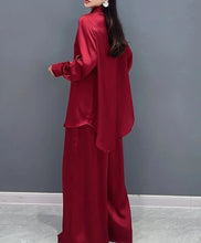 Red and Blue Solid Color Matching Loose Sets Long Sleeve Shirt+Wide Leg Pants High Quality