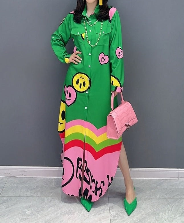 High quality long sleeve print green maxi dress